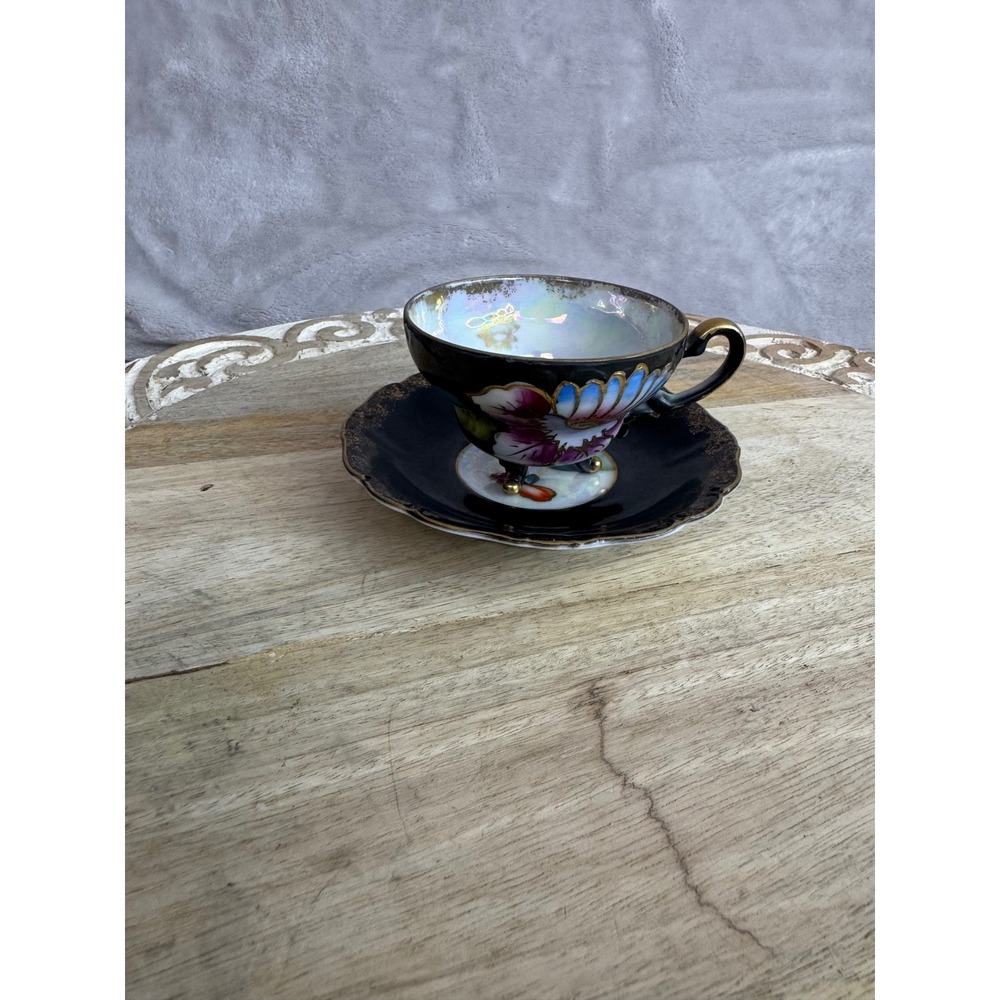 Royal‎ Sealy China Black Lusterware Teacup and Saucer Set Japan Floral Gold